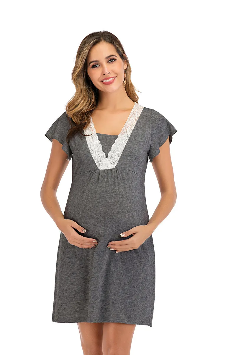 Maternity Surplice Neck Lace Detail Nightdres