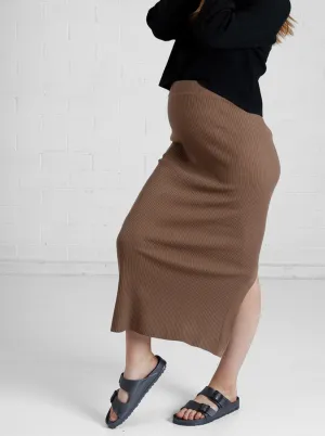 Maternity wool blend knit Skirt with side split in Brown