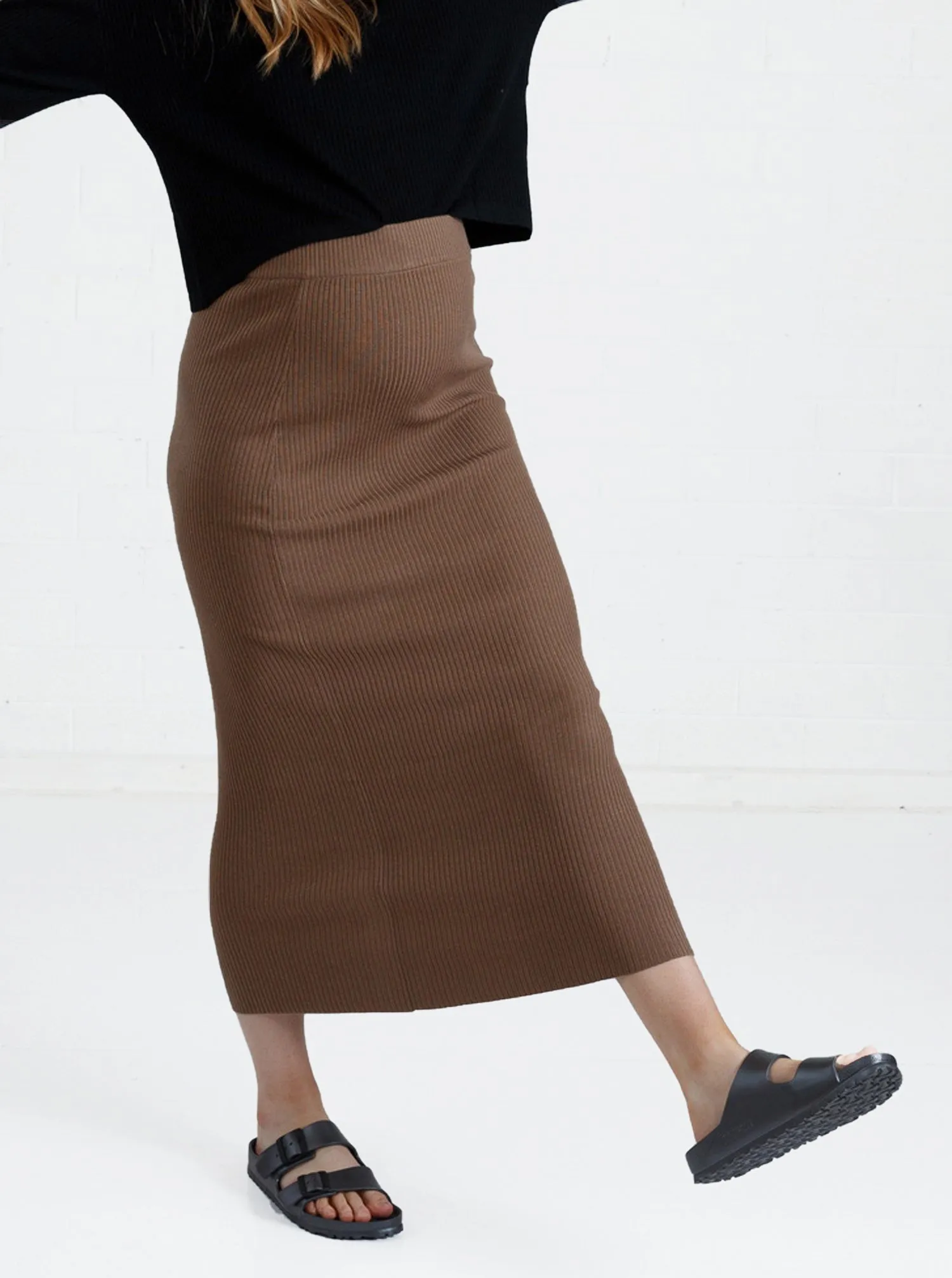 Maternity wool blend knit Skirt with side split in Brown