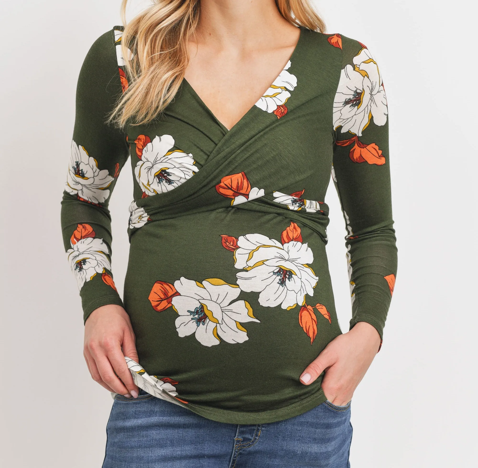 Maternity Wrap Top - Bundle of Joy Green Floral