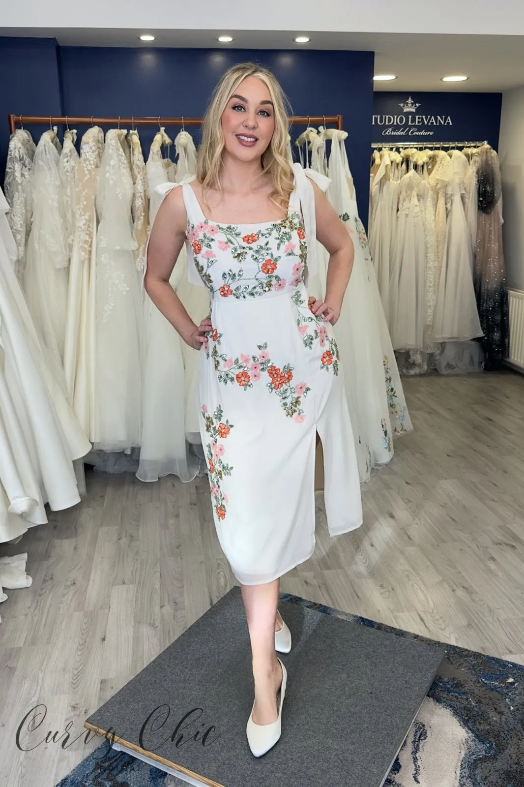 Maya Cream Tie-Shoulder Strappy Embellished Midi Dress