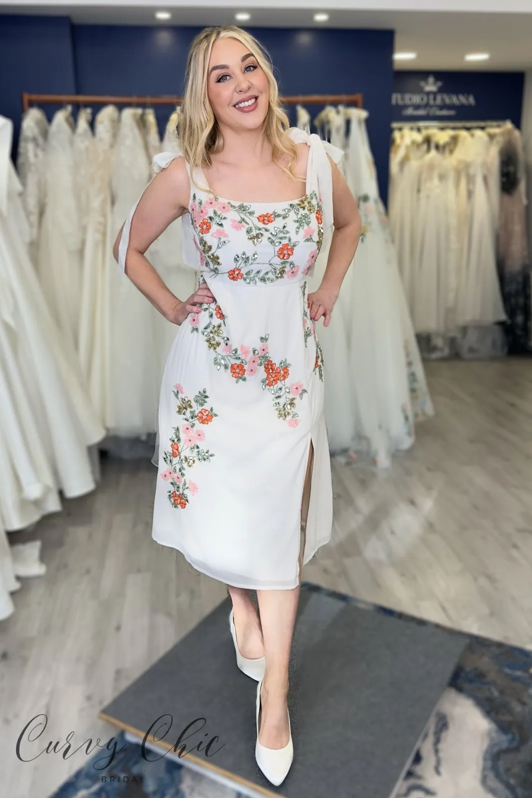 Maya Cream Tie-Shoulder Strappy Embellished Midi Dress