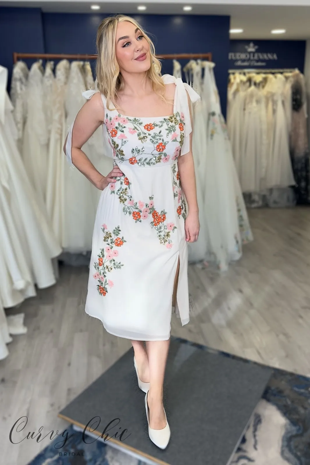 Maya Cream Tie-Shoulder Strappy Embellished Midi Dress
