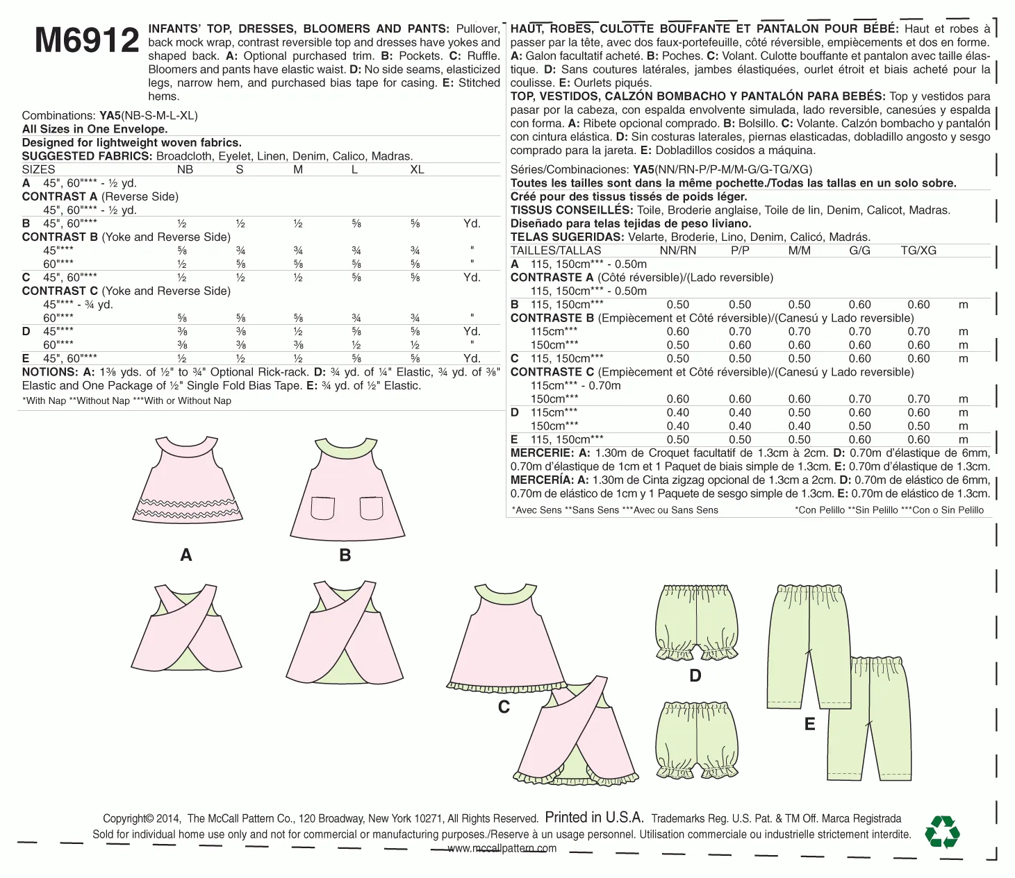 McCall's Pattern M6912 Infants' Reversible Top, Dresses; bloomers and Pants