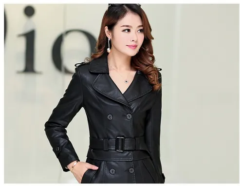 Medium and Long Leather Coat Women Windbreaker By TJS
