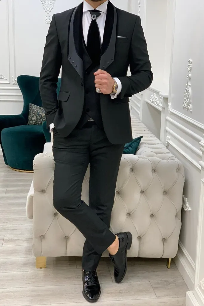Men Black Tuxedo Wedding Suit Wedding Outfit Suit Black Slim Fit Velvet Shaw Lapel 3 Piece Suit Bespoke