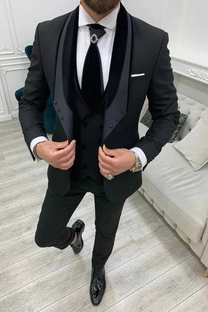 Men Black Tuxedo Wedding Suit Wedding Outfit Suit Black Slim Fit Velvet Shaw Lapel 3 Piece Suit Bespoke