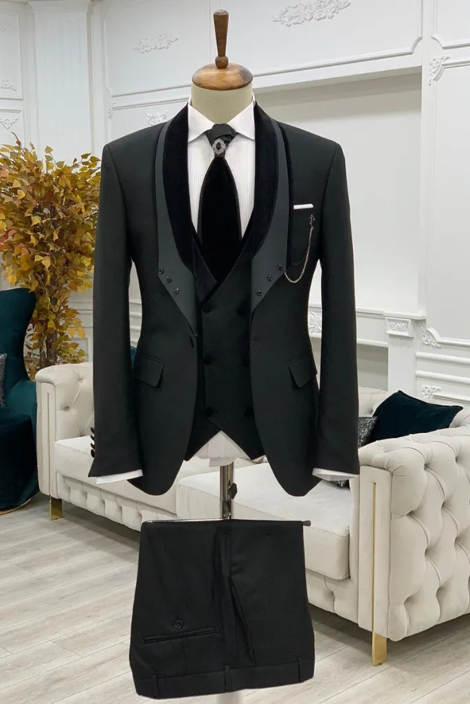 Men Black Tuxedo Wedding Suit Wedding Outfit Suit Black Slim Fit Velvet Shaw Lapel 3 Piece Suit Bespoke