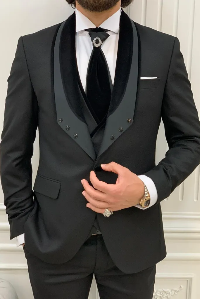 Men Black Tuxedo Wedding Suit Wedding Outfit Suit Black Slim Fit Velvet Shaw Lapel 3 Piece Suit Bespoke