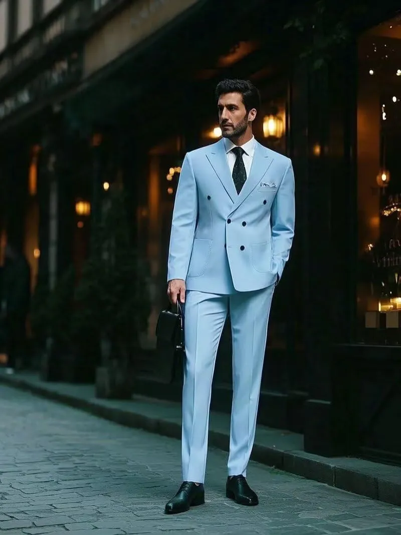 Men Double Breasted Suits Slim Fit 2 Piece Suits Elegant Tuxedo Blazer Pants for Wedding Prom Homecoming