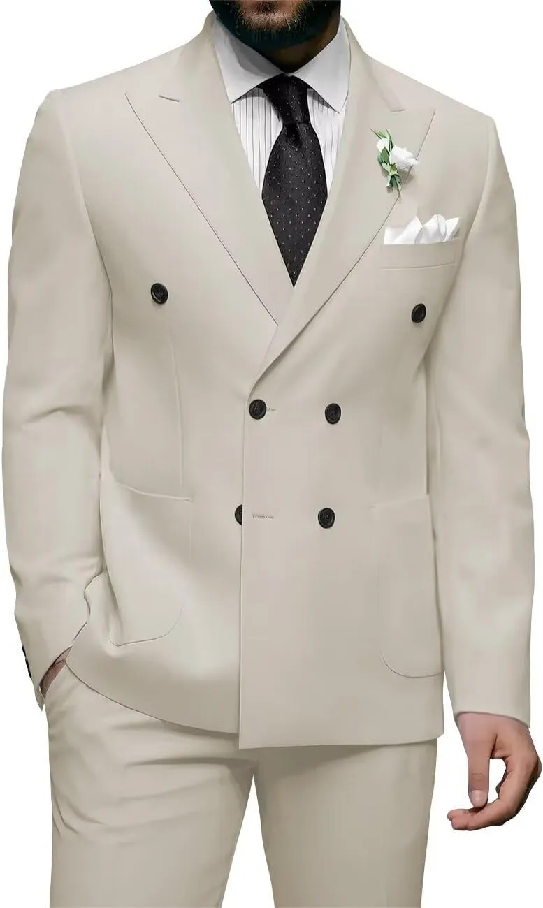 Men Double Breasted Suits Slim Fit 2 Piece Suits Elegant Tuxedo Blazer Pants for Wedding Prom Homecoming