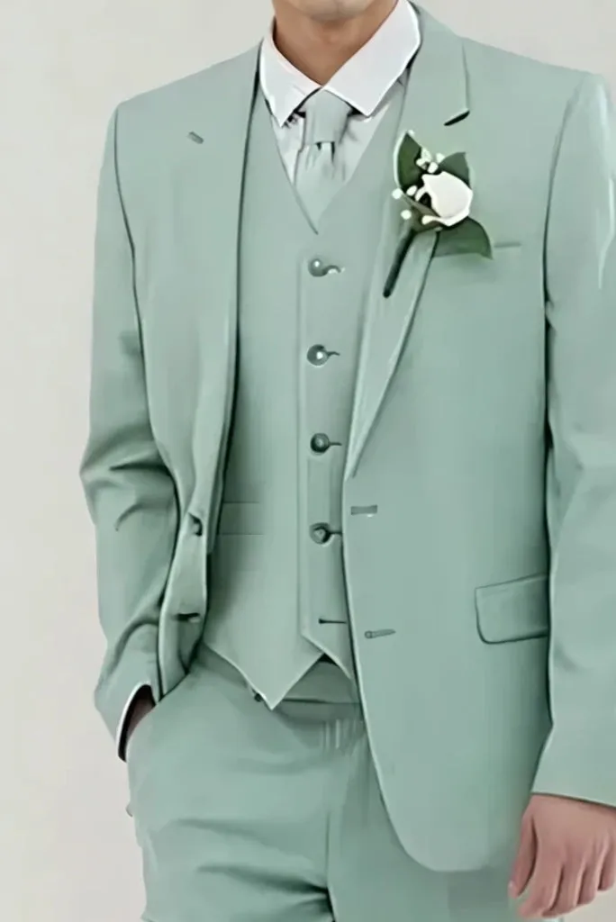 Men Sage Green Three Piece Slim Fit Suit For Groom Wedding Wear Reception Wear & Perfect For Every Occasion