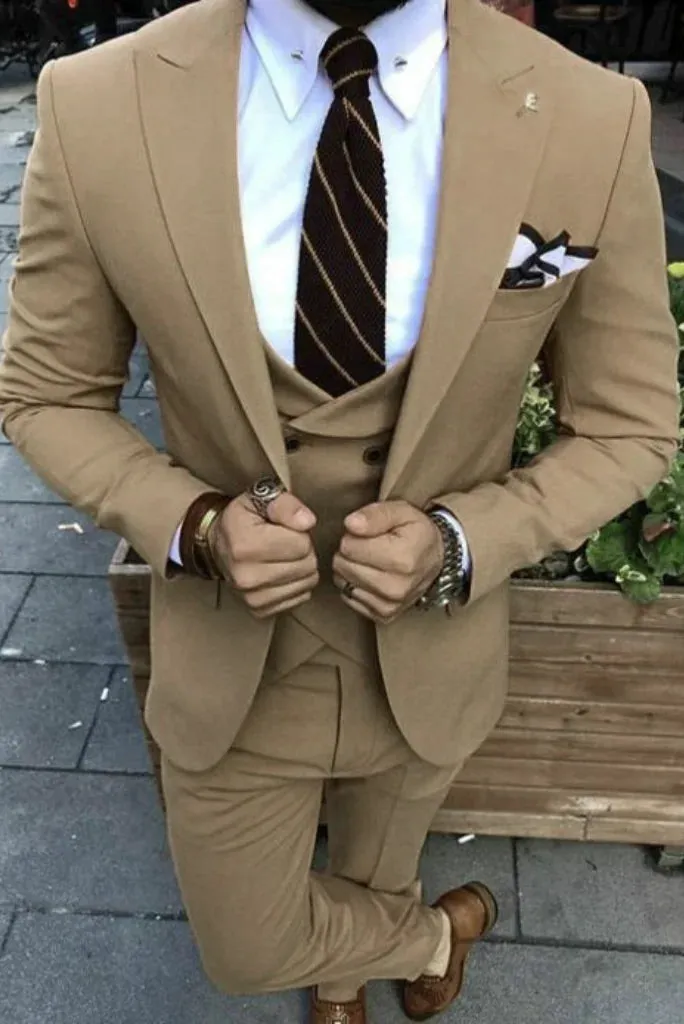 MEN SUITS 3 PIECE Camel Brown Formal Fashion Elegant Party Wear Prom Dinner Wedding Groom Slim Fit Party Wear Suit