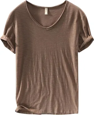 Mens 100% Cotton V-Neck T Shirts Loose Fit Soft Short Sleeve Streetwear Basic Tee Tops Summer Beach Hippie Shirt