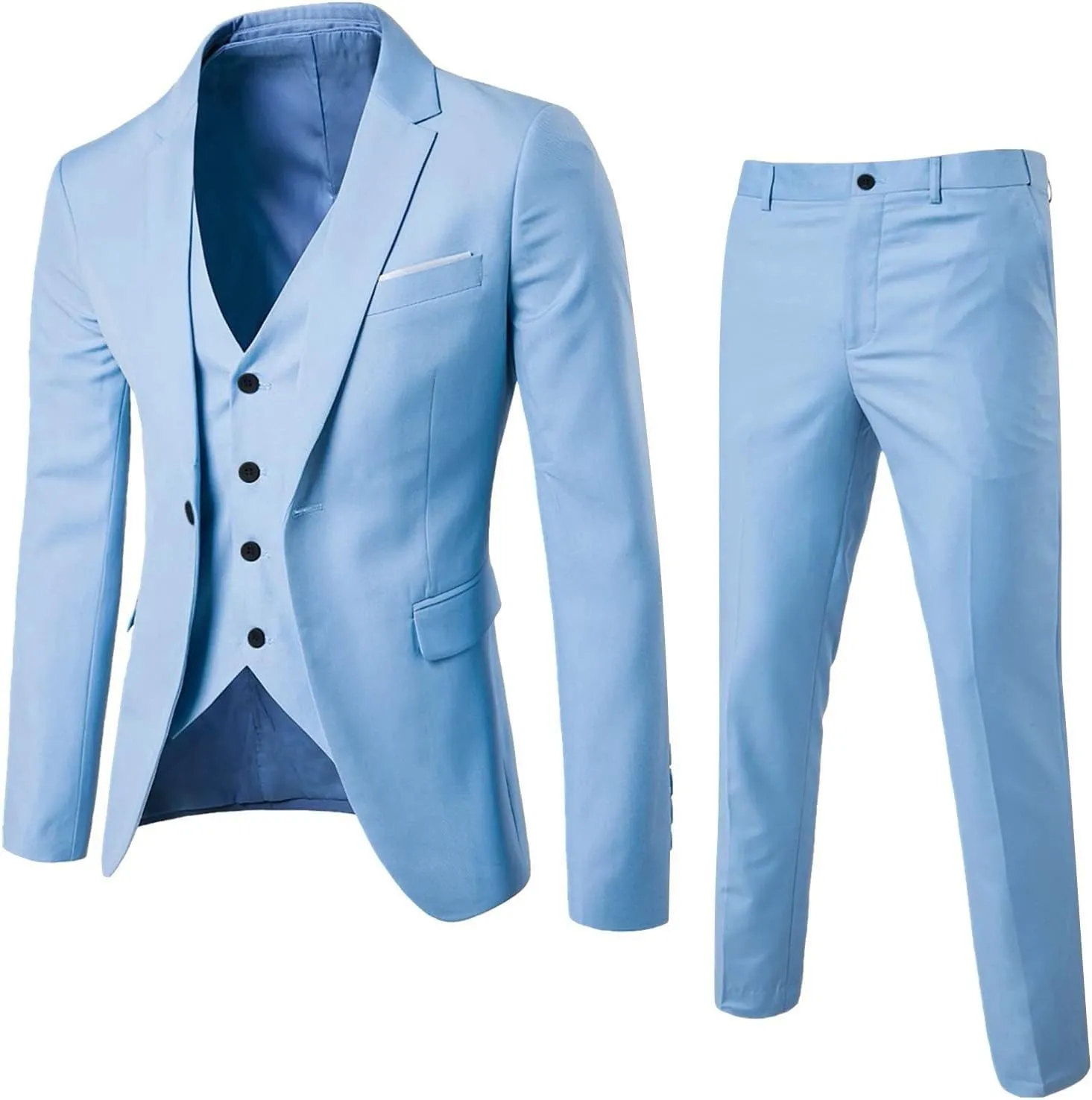 Mens 3 Piece Slim Fit Suit Set 2 Button Solid Blazer Jacket Vest Pants Business Tuxedo Breathable Single Breasted Blazer