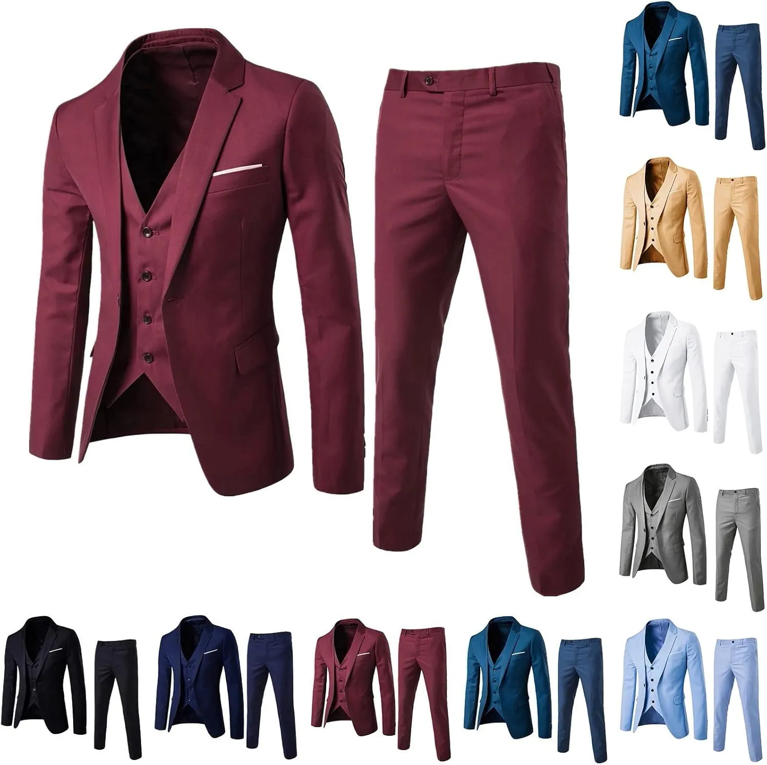 Mens 3 Piece Slim Fit Suit Set 2 Button Solid Blazer Jacket Vest Pants Business Tuxedo Breathable Single Breasted Blazer