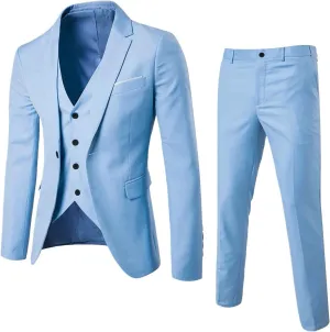 Mens 3 Piece Slim Fit Suit Set 2 Button Solid Blazer Jacket Vest Pants Business Tuxedo Breathable Single Breasted Blazer