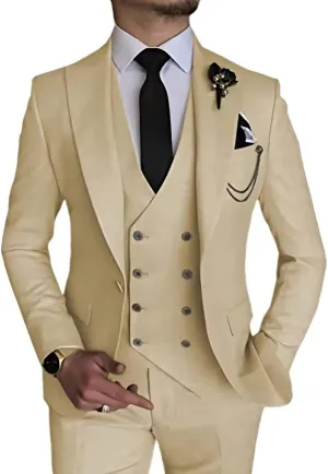 Men's 3 Piece Slim Suit Double Breasted Suit One Button Formal Wedding Prom Evening Suits