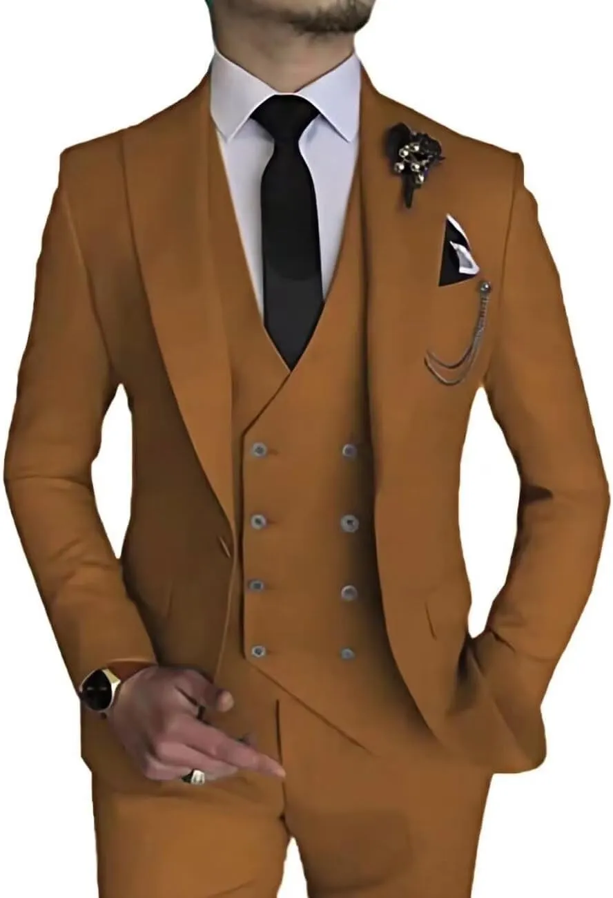 Men's 3 Piece Slim Suit Double Breasted Suit One Button Formal Wedding Prom Evening Suits