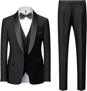 Mens 3 Piece Solid Color Suit Set, One Button Slim Fit Blazer Jacket Vest Pants, Wedding Dress Tux and Trousers