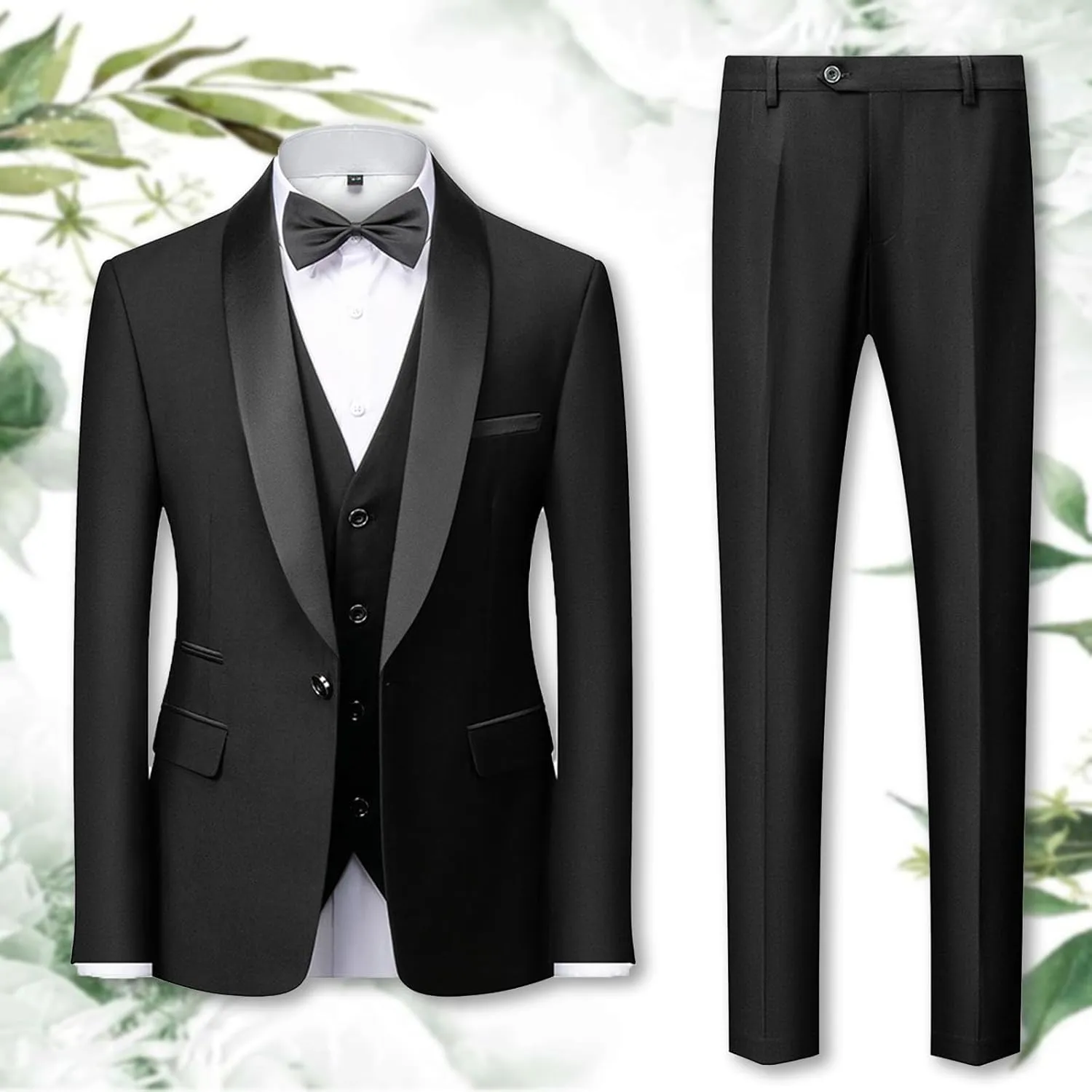 Mens 3 Piece Solid Color Suit Set, One Button Slim Fit Blazer Jacket Vest Pants, Wedding Dress Tux and Trousers