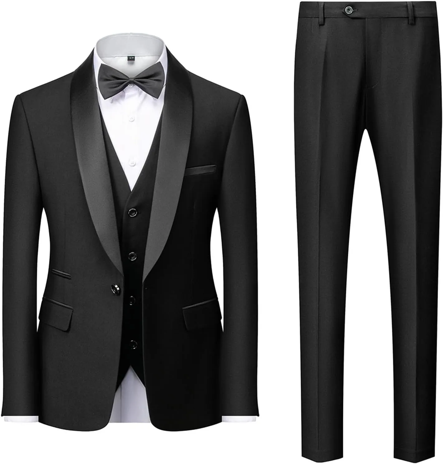 Mens 3 Piece Solid Color Suit Set, One Button Slim Fit Blazer Jacket Vest Pants, Wedding Dress Tux and Trousers