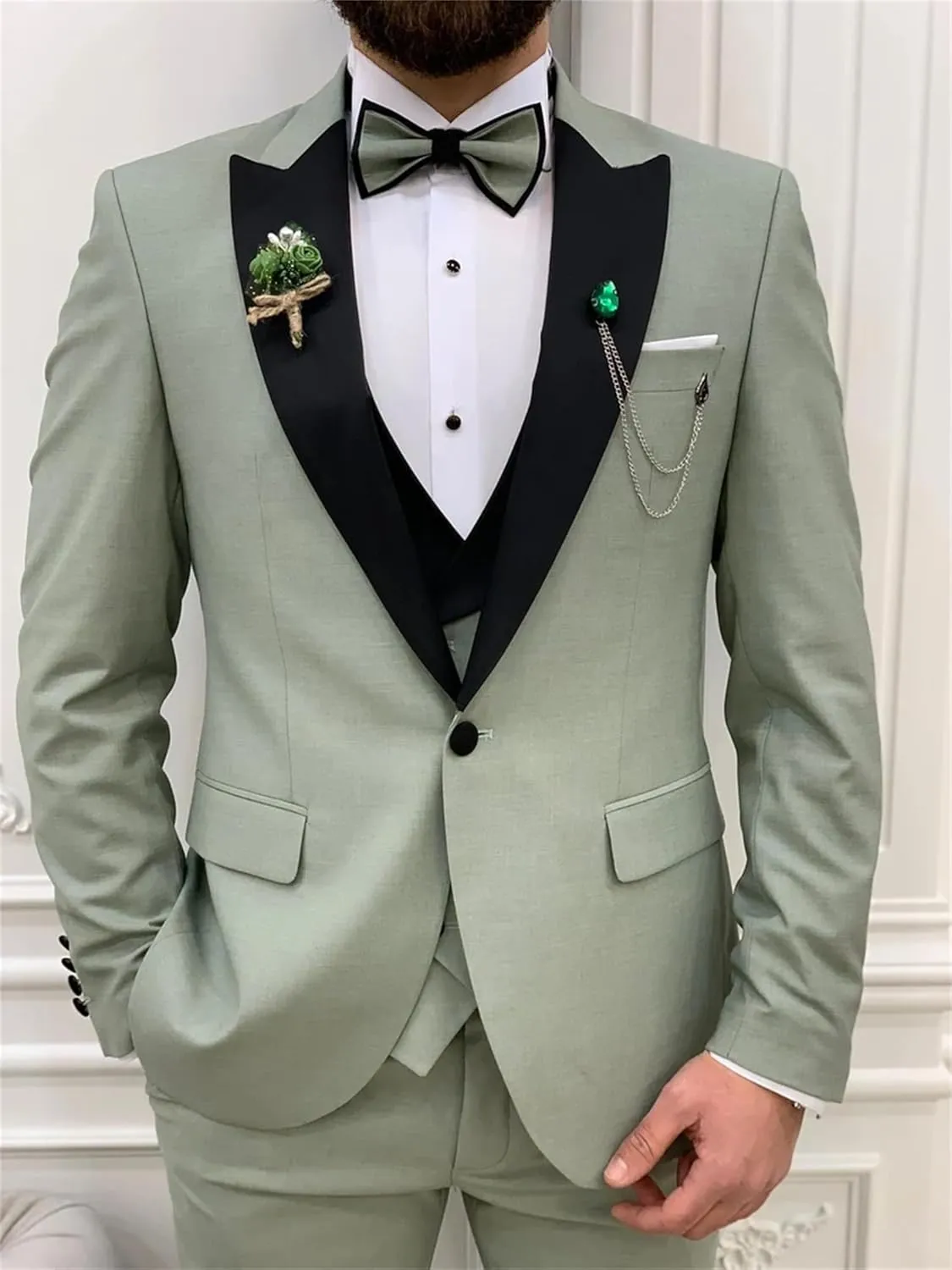 Mens 3 Piece Suit Blazer, Slim Fit Tux with One Button, Jacket Vest Pants & Tie Set for Party, Wedding and Business