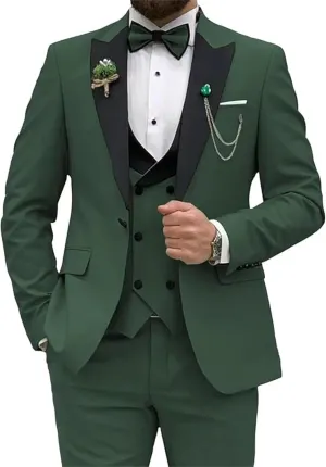 Mens 3 Piece Suit Blazer, Slim Fit Tux with One Button, Jacket Vest Pants & Tie Set for Party, Wedding and Business