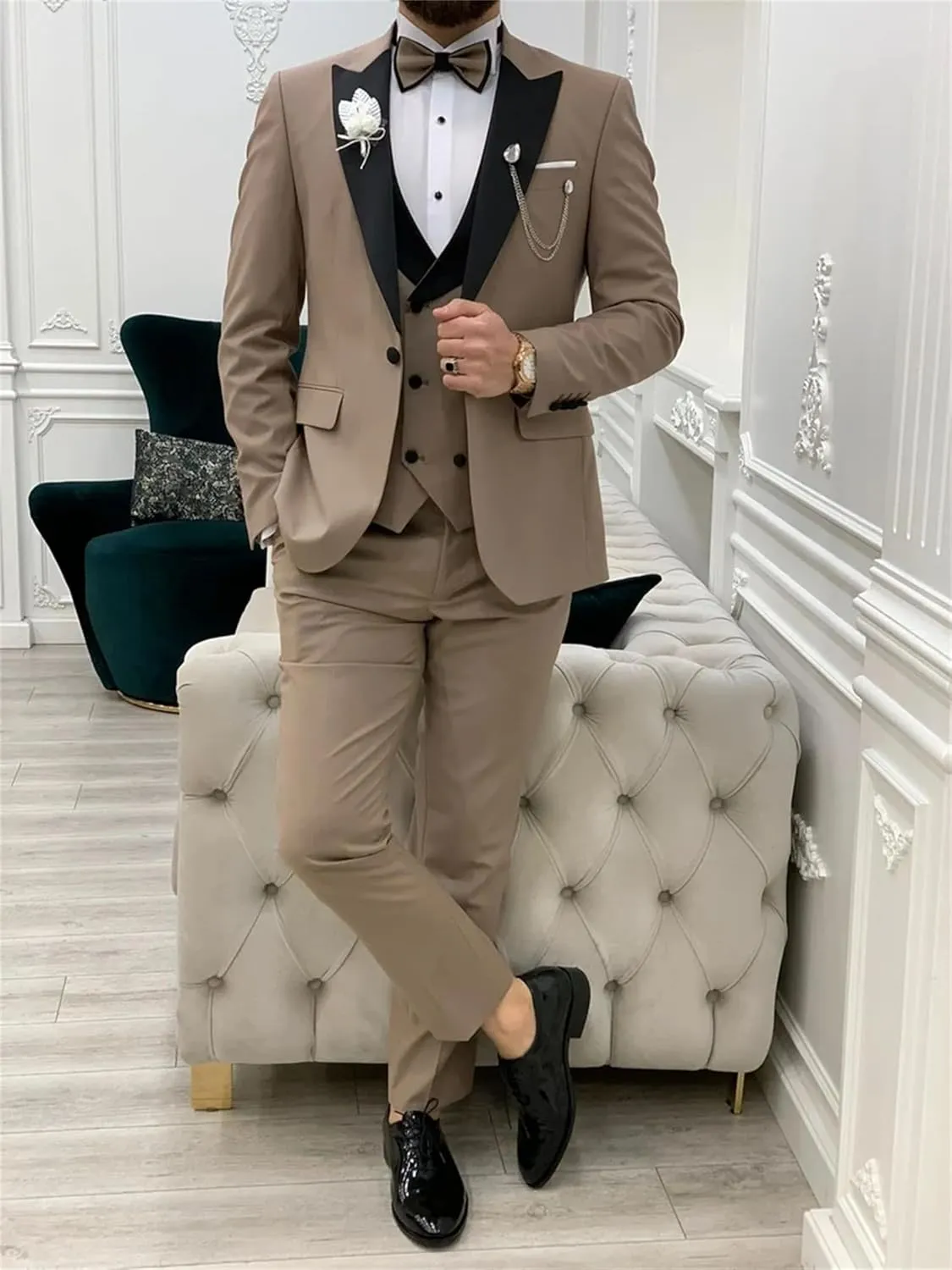 Mens 3 Piece Suit Blazer, Slim Fit Tux with One Button, Jacket Vest Pants & Tie Set for Party, Wedding and Business