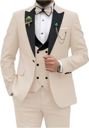 Mens 3 Piece Suit Blazer, Slim Fit Tux with One Button, Jacket Vest Pants & Tie Set for Party, Wedding and Business