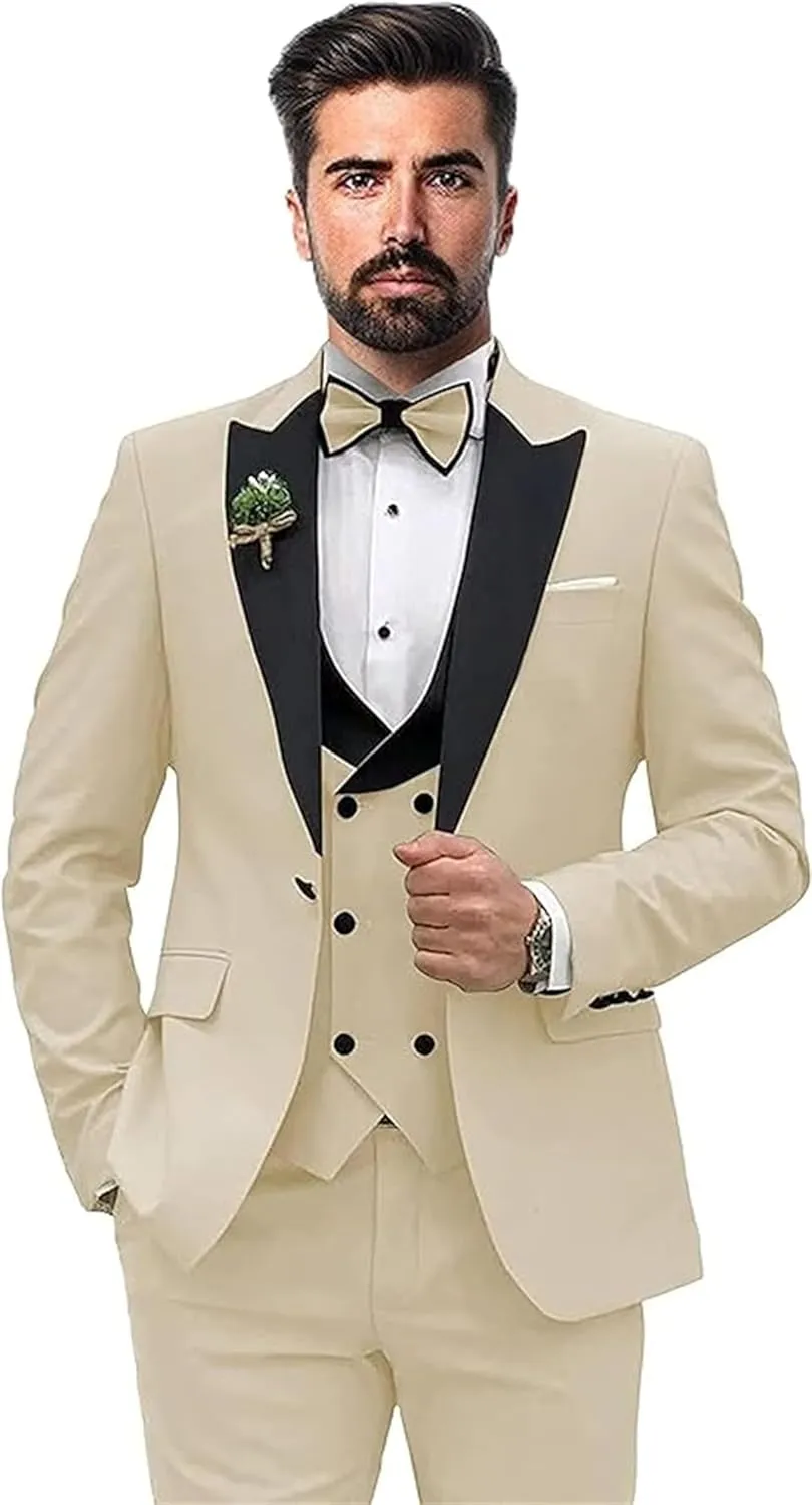 Mens 3 Piece Suit Blazer, Slim Fit Tux with One Button, Jacket Vest Pants & Tie Set for Party, Wedding and Business