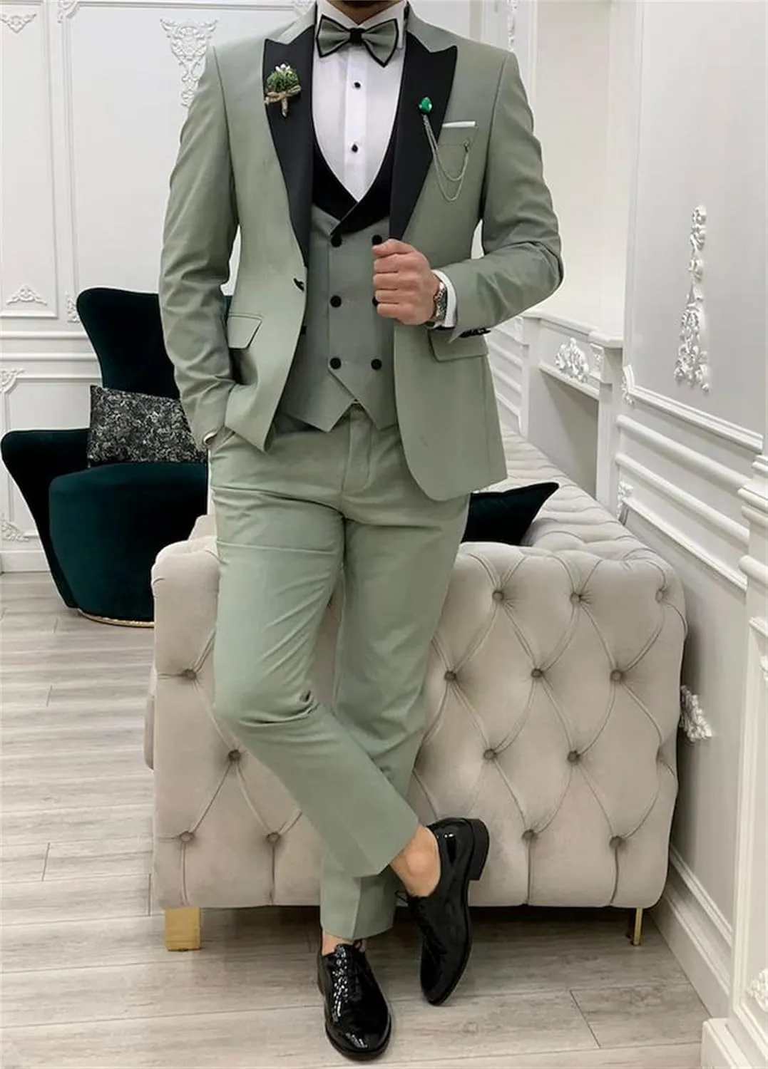Mens 3 Piece Suit Blazer, Slim Fit Tux with One Button, Jacket Vest Pants & Tie Set for Party, Wedding and Business