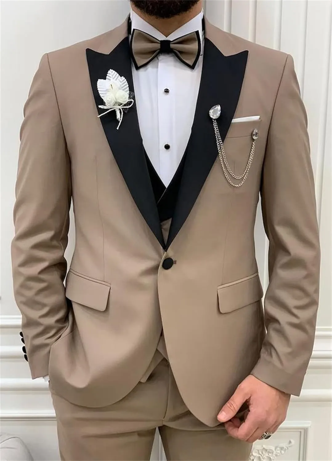 Mens 3 Piece Suit Blazer, Slim Fit Tux with One Button, Jacket Vest Pants & Tie Set for Party, Wedding and Business
