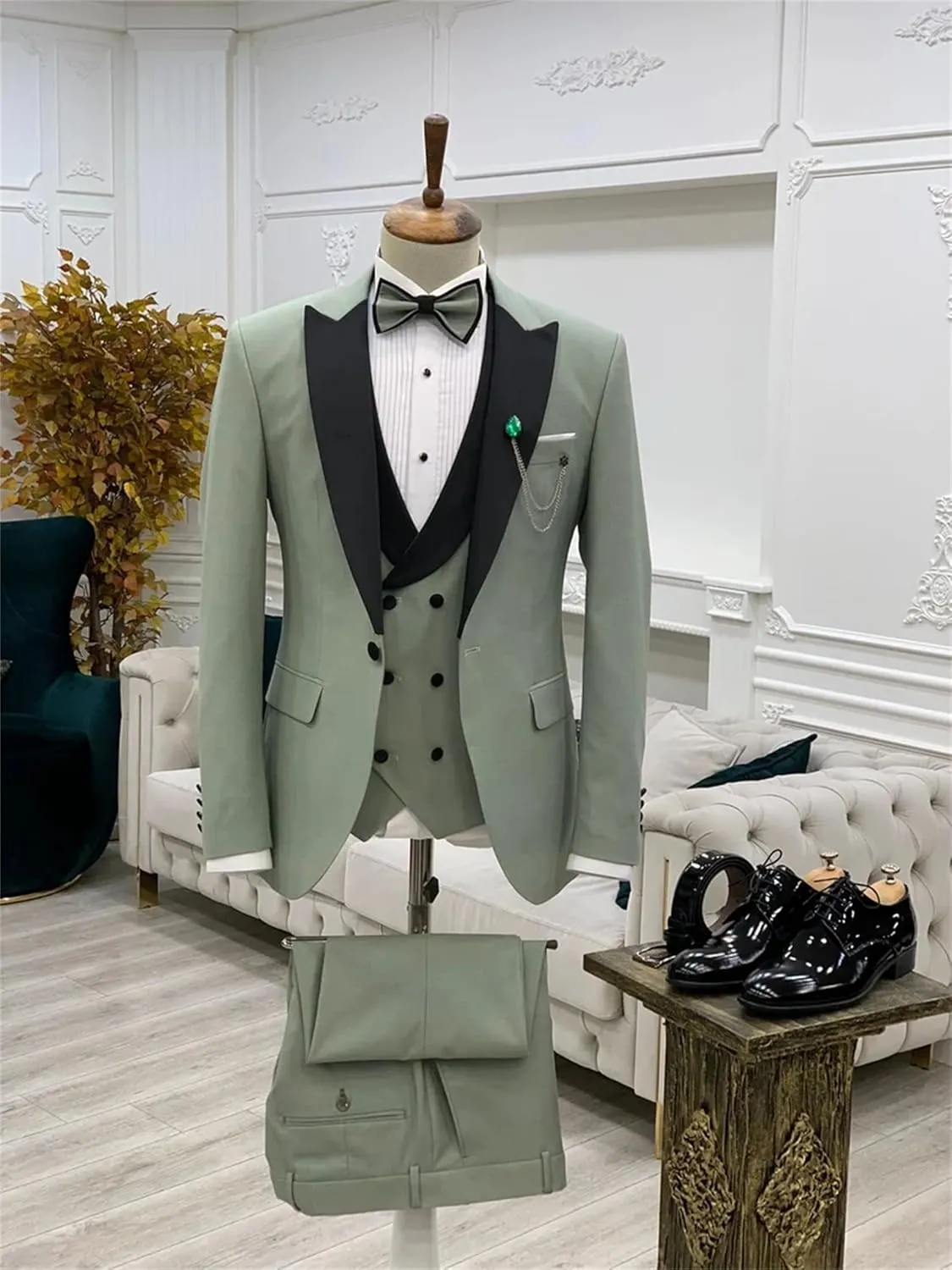 Mens 3 Piece Suit Blazer, Slim Fit Tux with One Button, Jacket Vest Pants & Tie Set for Party, Wedding and Business