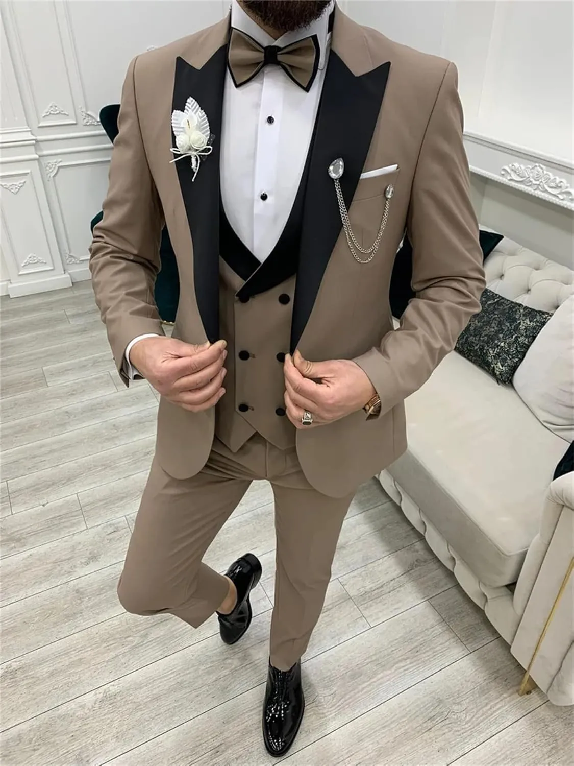 Mens 3 Piece Suit Blazer, Slim Fit Tux with One Button, Jacket Vest Pants & Tie Set for Party, Wedding and Business