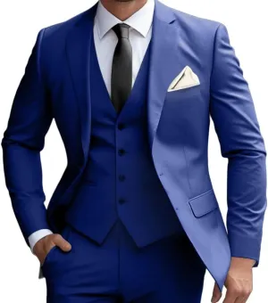Men's 3 Piece Suit Slim Fit Men Tuxedo Suit for Party Wedding Prom Business 2 Button Solid Blazer Jacket Vest Pants Set, Royal Blue, M