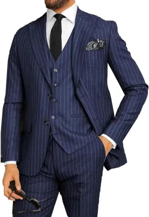 Men's 3 Piece Suits Slim Fit Pinstripe Wedding Tuxedos Casual Suits Jacket Vest Pants Formal Prom Suits