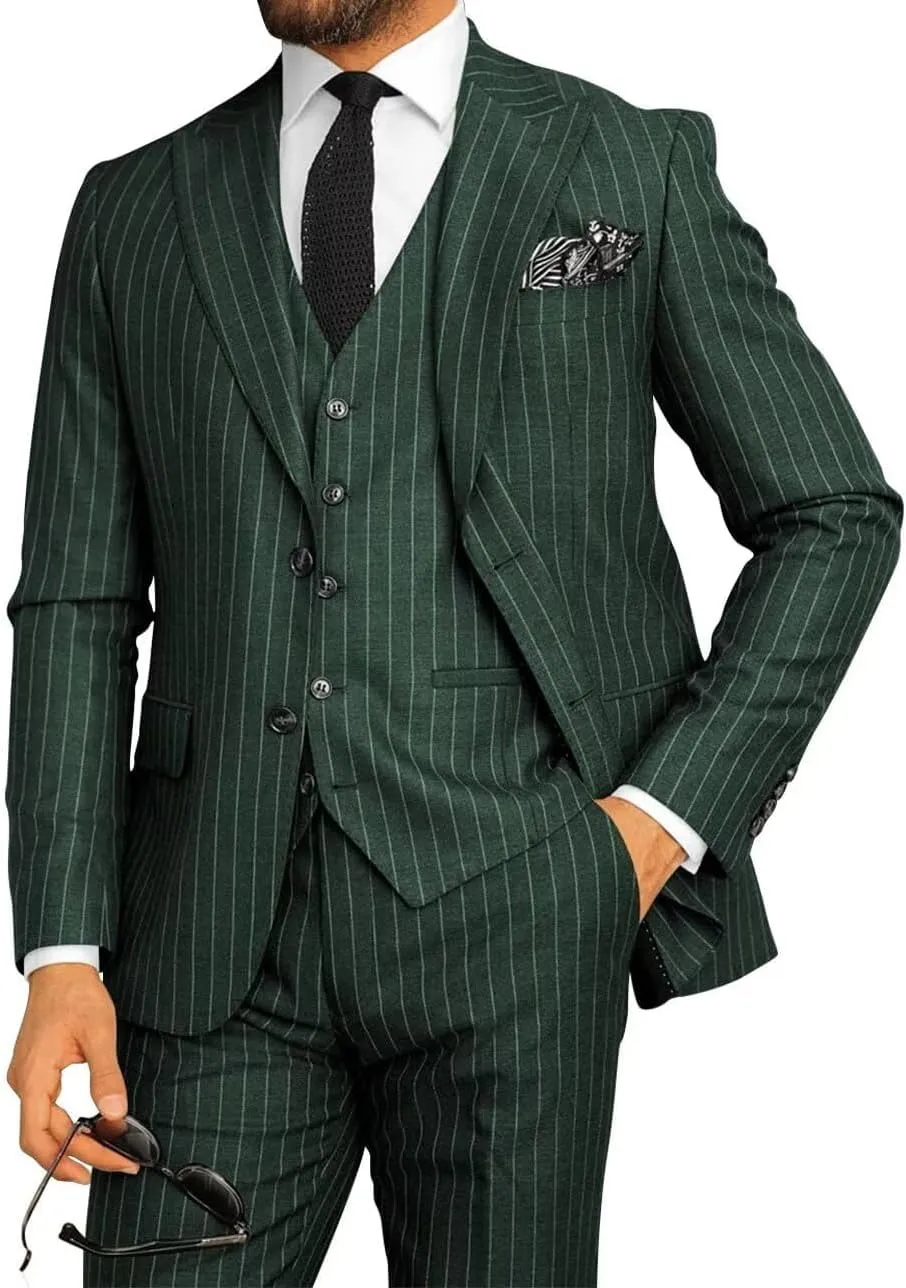 Men's 3 Piece Suits Slim Fit Pinstripe Wedding Tuxedos Casual Suits Jacket Vest Pants Formal Prom Suits