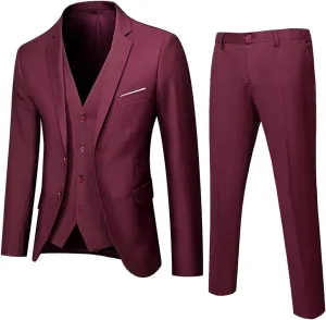 Mens 3 Piece Tuxedo Slim Fit Suit Sets One Button Blazer Jackets Lapel Vest Pant Dress Tux for Business Wedding Prom