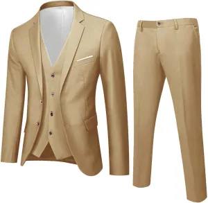 Mens 3 Piece Tuxedo Slim Fit Suit Sets One Button Blazer Jackets Lapel Vest Pant Dress Tux for Business Wedding Prom