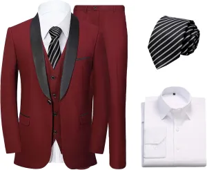 Mens 3 Pieces Suit Slim Fit Shawl Lapel Tuxedo Blazer Vest Pants White Shirt Tie Wedding Prom Party Dinner
