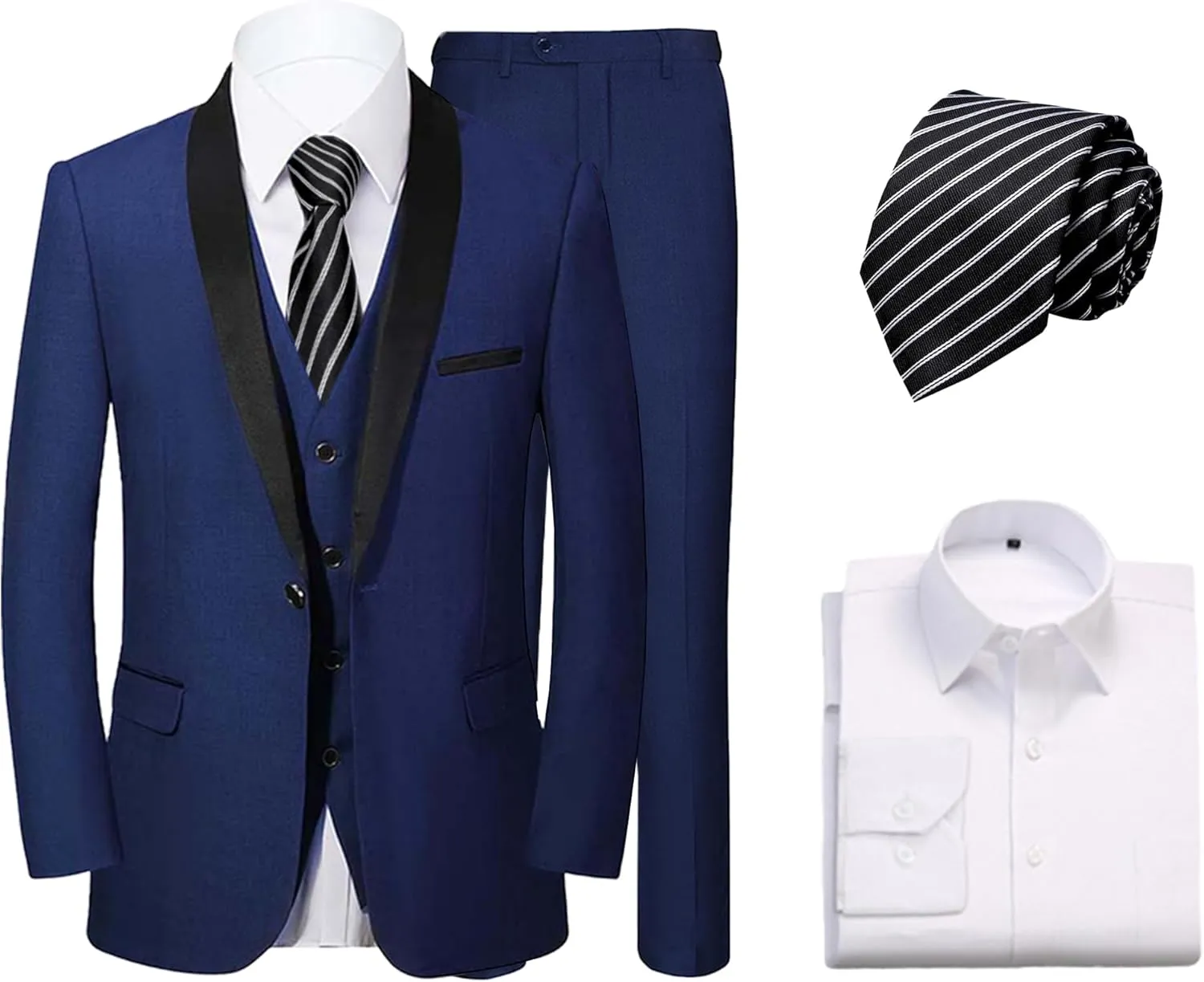Mens 3 Pieces Suit Slim Fit Shawl Lapel Tuxedo Blazer Vest Pants White Shirt Tie Wedding Prom Party Dinner