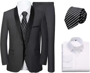 Mens 3 Pieces Suit Slim Fit Shawl Lapel Tuxedo Blazer Vest Pants White Shirt Tie Wedding Prom Party Dinner