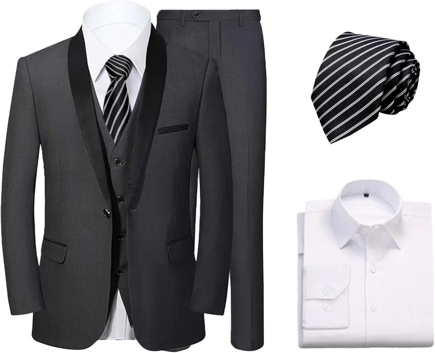 Mens 3 Pieces Suit Slim Fit Shawl Lapel Tuxedo Blazer Vest Pants White Shirt Tie Wedding Prom Party Dinner