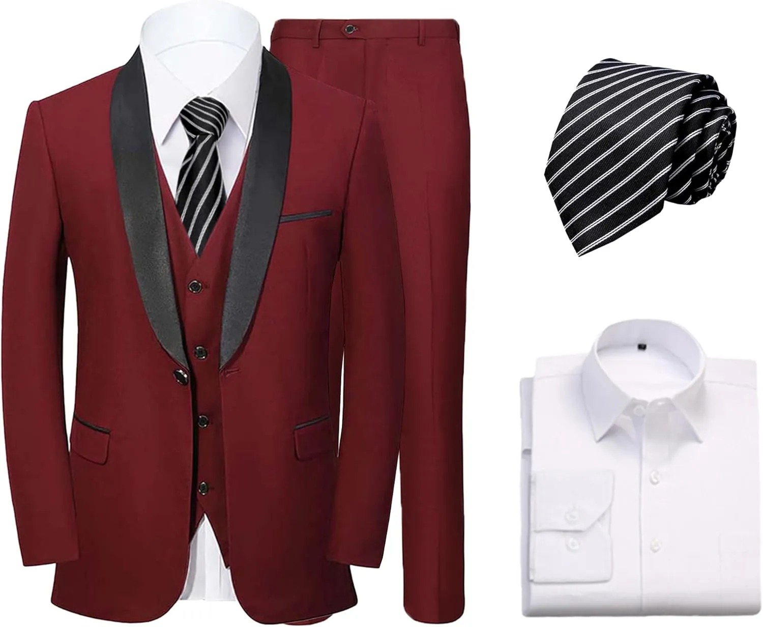 Mens 3 Pieces Suit Slim Fit Shawl Lapel Tuxedo Blazer Vest Pants White Shirt Tie Wedding Prom Party Dinner