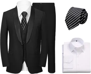 Mens 3 Pieces Suit Slim Fit Shawl Lapel Tuxedo Blazer Vest Pants White Shirt Tie Wedding Prom Party Dinner