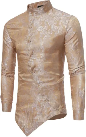 Men's 3D Floral Dress Shirt Fashion Irregular Hem Hippie Jacquard Wedding Shirts Long Sleeve Button Party Prom Tops