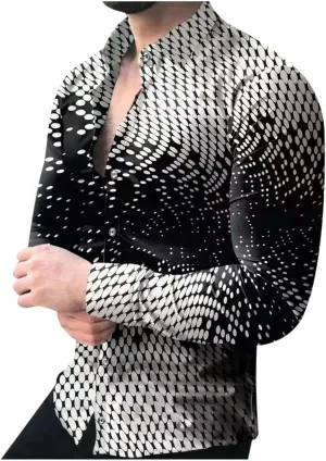 Mens 3D Printed Dress Shirts Nightclub Long Sleeve Regular Fit Button Down Wedding Prom Party Shirt Street Fashion Tops (White,Large)