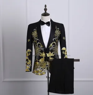 Men's Autumn Shawl Lapel Embroidered Suit With Pants