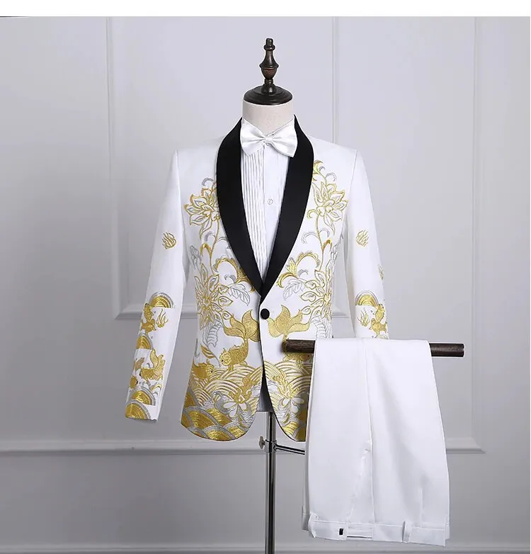 Men's Autumn Shawl Lapel Embroidered Suit With Pants